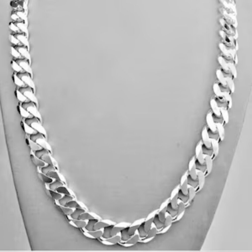 14mm Curb Cuban Link Chain, 20" Solid Sterling Silver, Handmade Classic Necklace